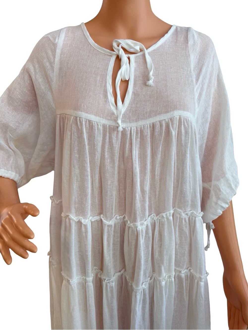 Flowy White Maxi Dress with Tie Neck - Picture 3 of 8